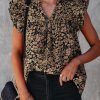 Khaki Floral Print Tiered Flutter Sleeve V Neck Top