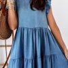 Sky Blue Crew Neck Flutter Tiered A-line Chambray Dress