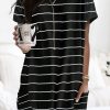 Black Striped Print Side Pockets Short Sleeve Tunic Top