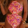 Hot Pink Abstract Print Backless Halter One Piece Swimsuit