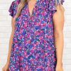 Purple Plus Size Floral Print Ruffle Sleeve Blouse