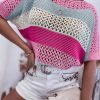 Pink Knitted Eyelet Colorblock Striped Half Sleeves Top