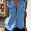 Sky Blue Turn-down Collar Buttoned Denim Top With Pockets