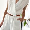 White Collared Wrap V Neck Lightweight Textured Romper