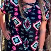 Black Western Fashion Aztec Print Crisscross V Neck Top