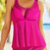 Pink Mesh Patchwork Ruffle Tankini Set