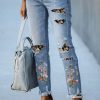 Sky Blue Printed Patch Ripped Skinny Jeans