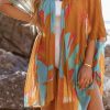 Brown Abstract Print Open Front Kimono With Slits