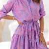 Chic Purple Leopard Print Shirt Dress With Ruffled Hemline And Attached Belt