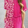 Pink Half Leopard Print Drawstring Knit Romper