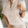 Khaki Mandarin V Neck Short Sleeve Leopard Blouse