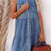 Sky Blue Flap Pockets Button Up Sleeveless Denim Dress