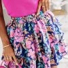 Purple Floral Elastic High Waist Tiered Ruffled Skirt