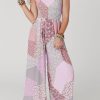 Pink Irregular Patchwork Print Smocked Wide Leg Jumpsuit