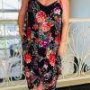 Black Plus Size Floral Print Thin Straps Maxi Dress