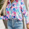 Elegant Sky Blue Floral Print Button-up Shirt For Women