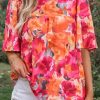 Red Floral Print Wide Sleeve Blouse