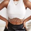 White Rhinestone Fringe Zip Back Round Neck Cropped Tank Top