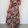 Black Short Sleeve Boho Floral Pattern Tiered Maxi Dress