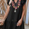 Black Floral Embroidered Ruffle Sleeve Shift Dress