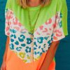 Green Color Block Leopard Waffle Knit Patchwork T-Shirt