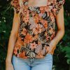 Brown Floral Flutter Sleeves Square Neck Blouse