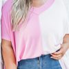 Pink Color Block Ribbed Knit V Neck Plus Size T Shirt