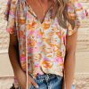 Multicolor Split V Neck Flutter Sleeve Flower Blouse