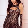 Black Lace Cutout Sleeveless Chemise With Gloves