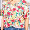 Delicate Red Floral Print Ruffled V Neck Blouse With Short Sleeves