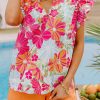 Pink Flutter Sleeve V Neck Floral Print Shift Blouse