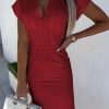 Red Short Sleeve Deep V-Neck Split Bodycon Dress