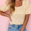 Stripe Square Neck Bubble Sleeve Top