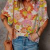 Orange Abstract Print V Neck Half Sleeve Blouse