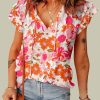 Multicolor Split V Neck Ruffle Sleeve Floral Blouse