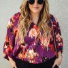 Purple Plus Size Abstract Print V-Neck Long Sleeve Blouse