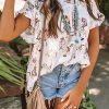 White Floral Ruffled Short Sleeve Back Knot Blouse