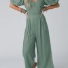 Green V Neck Puff Sleeve Hollow Out Wide Leg Jumpsuit