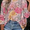 Pink Shirred Cuff 3/4 Sleeve Loose Fit Floral Blouse