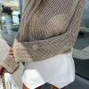 Elegant Khaki Hollow-out Knit Long Sleeve Top For Women