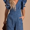 Blue Ruffle Pleated Denim Romper With Pockets