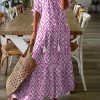 Pink V Neck Casual Geometric Print Maxi Dress