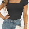 Black Overlap Short Sleeve Square Neck Bodysuit - Simple Chic Design For Women