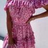 Rose Leopard Off Shoulder Buttoned Ruffled Mini Dress