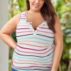 White Colorful Striped Henley Button Plus Size Tank Top