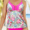 Pink Floral Print Lace-up Criss Cross Tankini Swimsuit