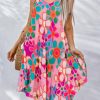 Pink Floral Print Spaghetti STraps Flowy Midi Dress