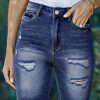 Blue Roll-up Distressed Bermuda Denim Shorts For Women