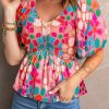 Pink Boho Flower Print Puff Sleeve Peplum Top