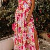 Red Halter Neck Backless Floral Print Maxi Dress With Ties